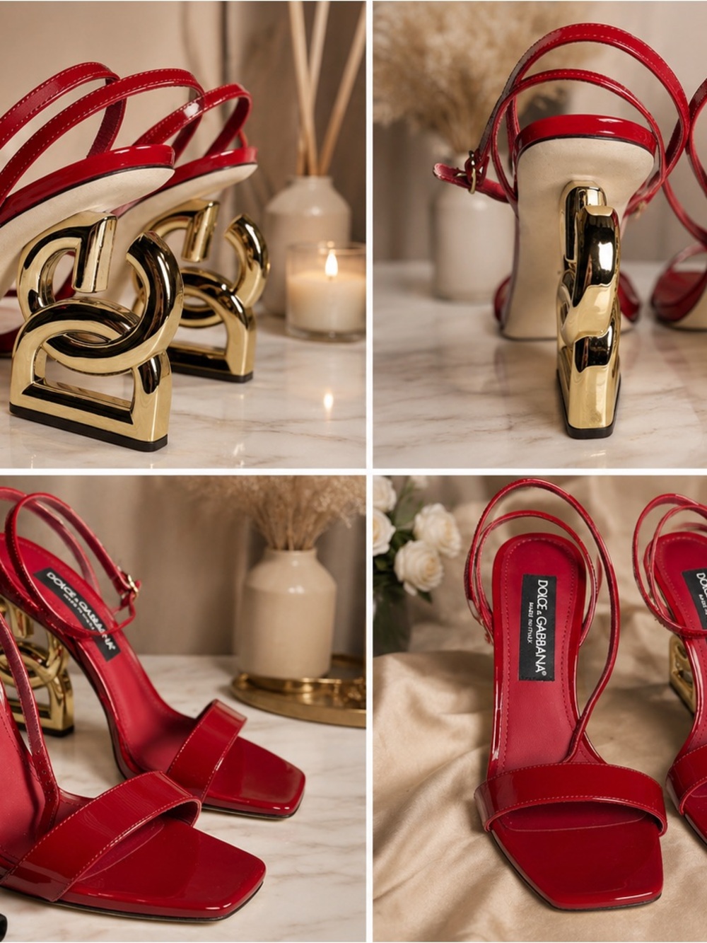 New Dolce & Gabbana Red Patent Leather Strappy Sandals with Gold heels